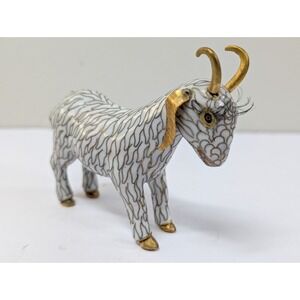 VIntage Cloisonne Enamel Copper Brass Standing Horned Goat Figurine White Gold